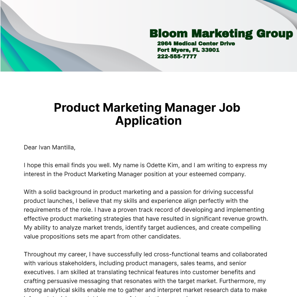 Product Marketing Manager Job Application Letter  Template