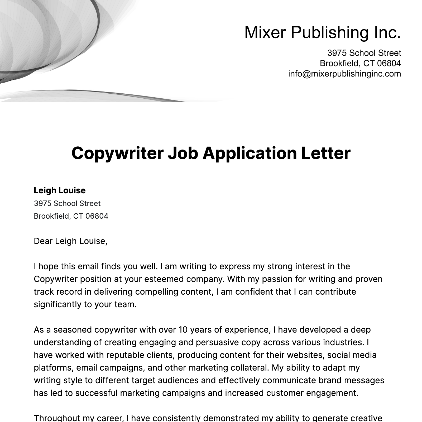 Copywriter Job Application Letter  Template
