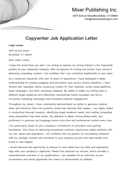 Free Copywriter Job Application Letter  Template to Edit Online