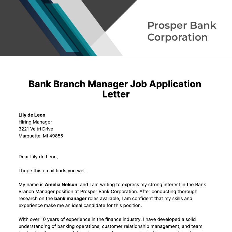 Bank Branch Manager Job Application Letter  Template