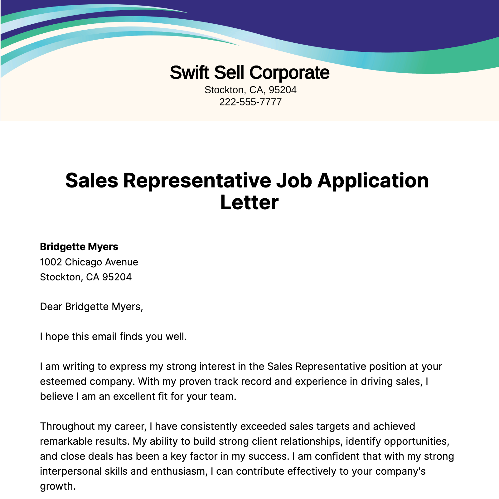 Sales Representative Job Application Letter  Template