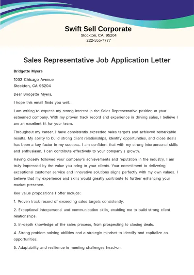 Free Sales Representative Job Application Letter  Template to Edit Online