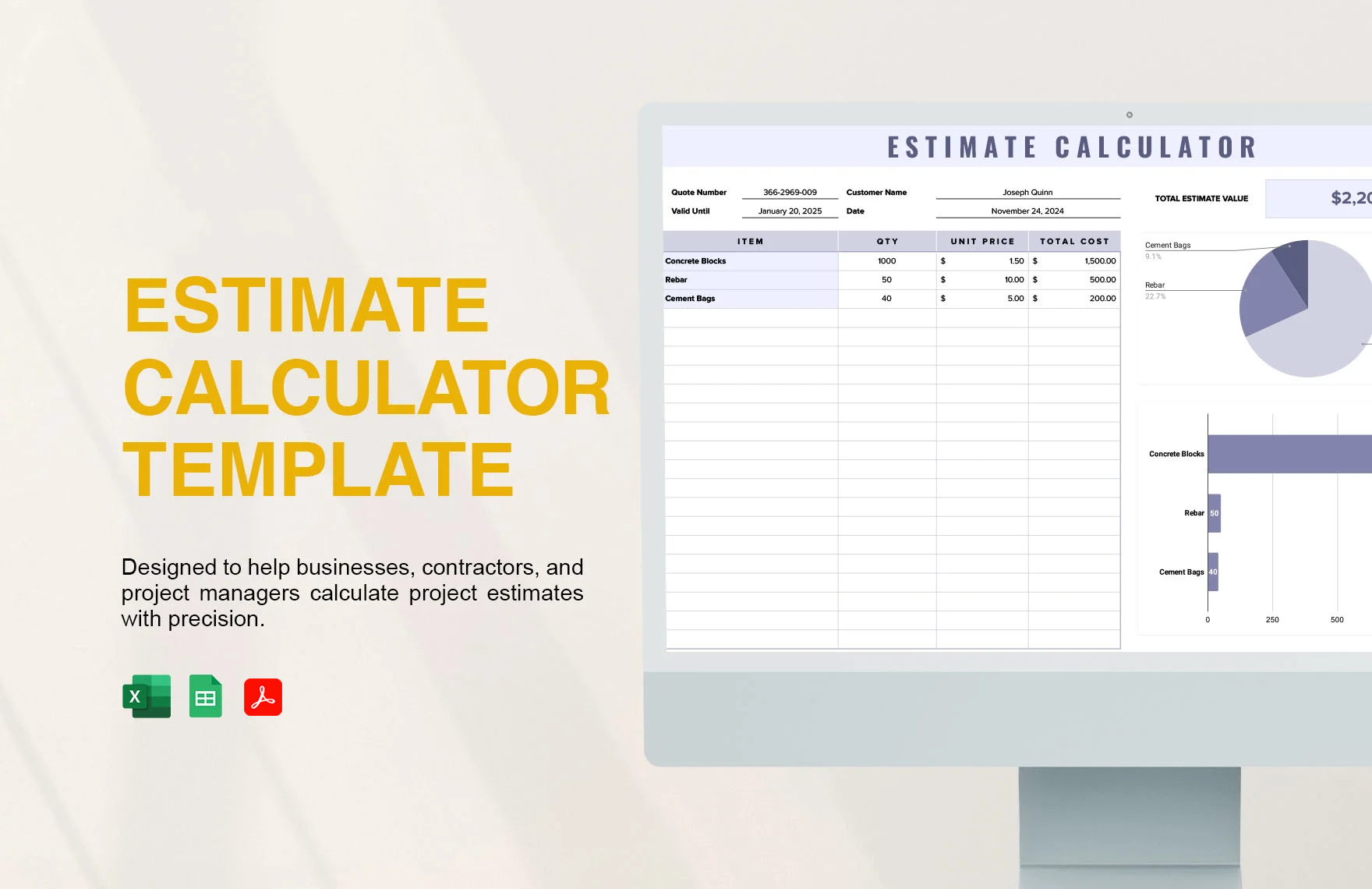Free Estimate Calculator Template in Excel, PDF, Google Sheets
