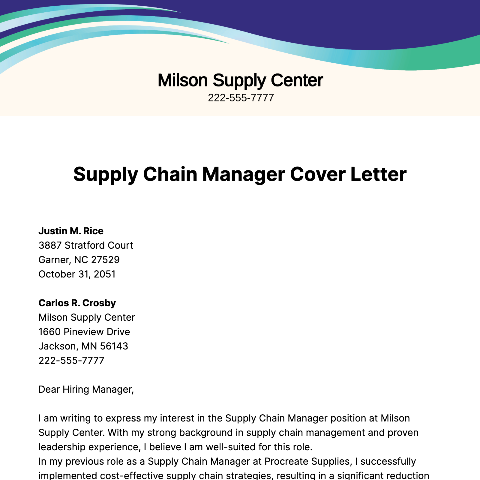 Supply Chain Manager Cover Letter  Template