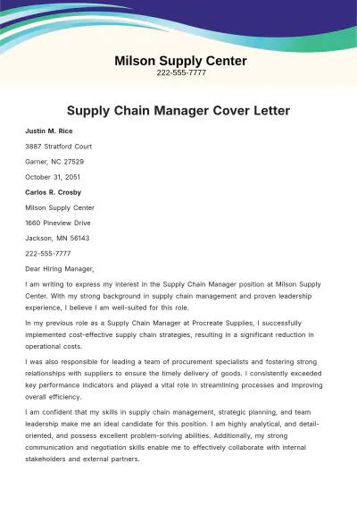 Free Supply Chain Manager Cover Letter  Template to Edit Online