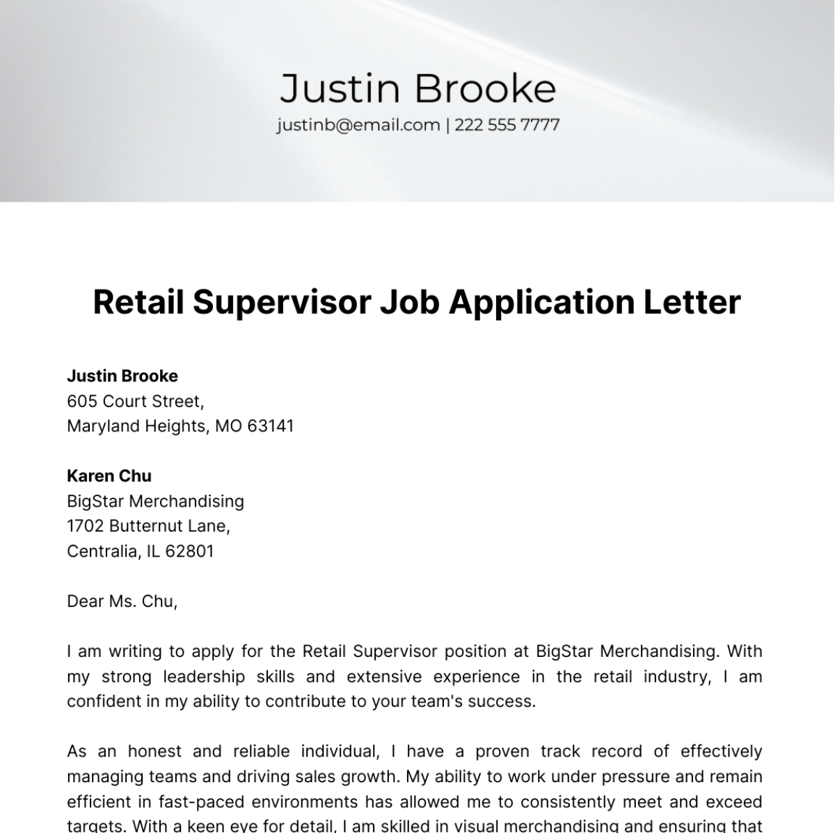 Retail Supervisor Job Application Letter  Template
