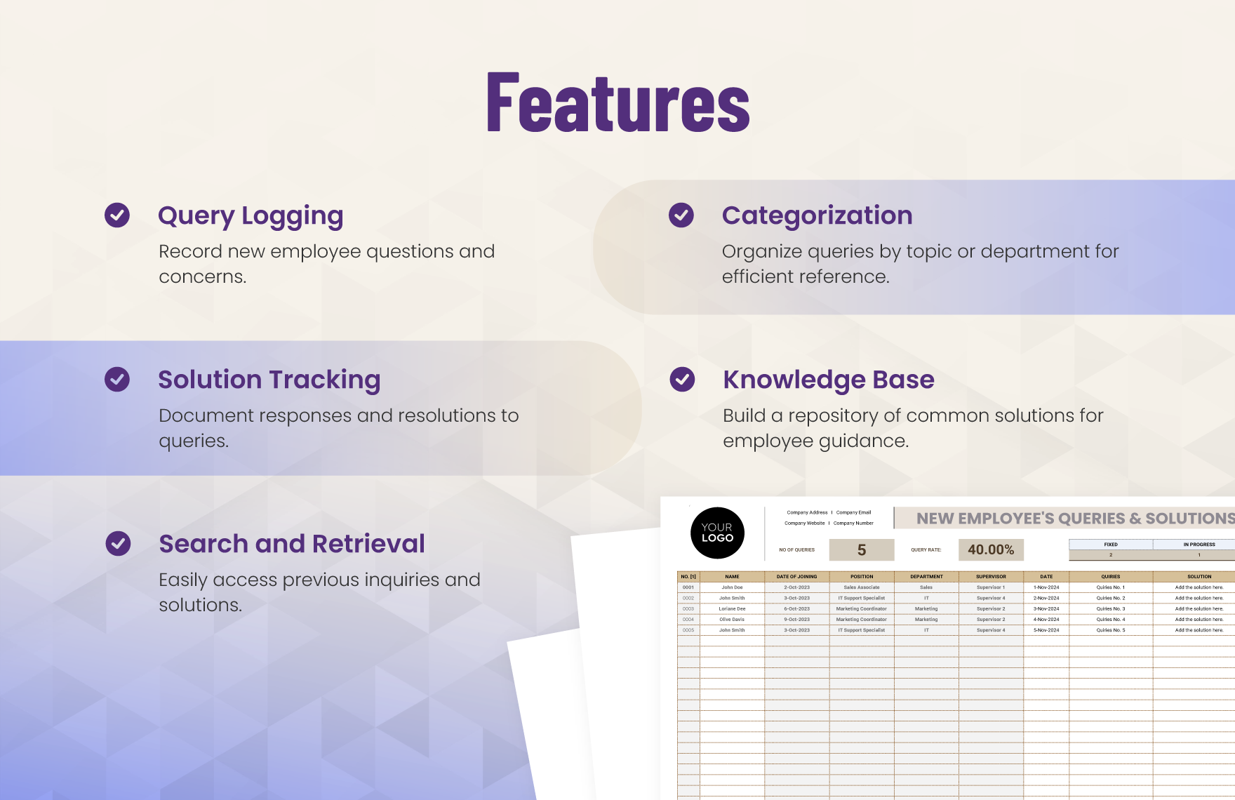 New Employee's Queries & Solutions Log HR Template