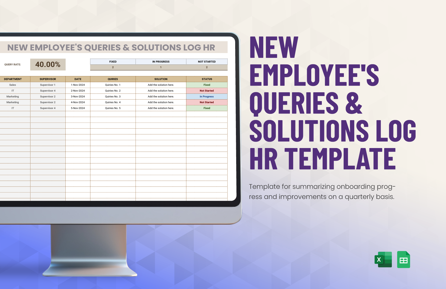 New Employee's Queries & Solutions Log HR Template in Excel, Google Sheets