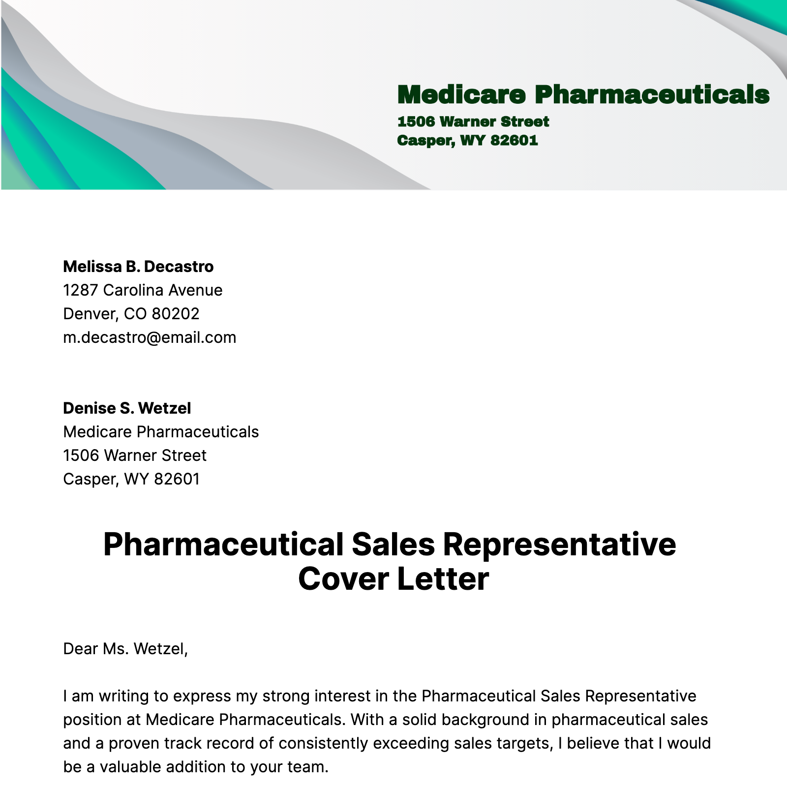 Pharmaceutical Sales Representative Cover Letter  Template