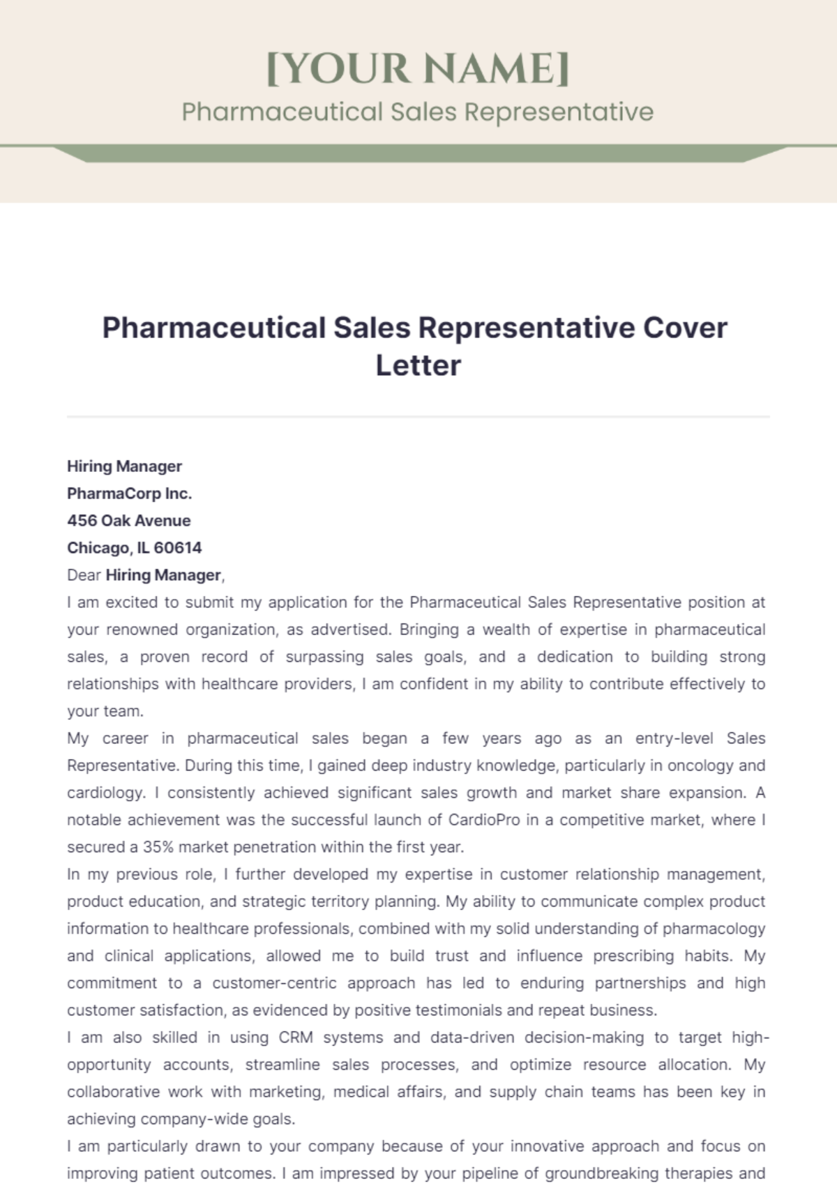 Pharmaceutical Sales Representative Cover Letter - Edit Online & Download