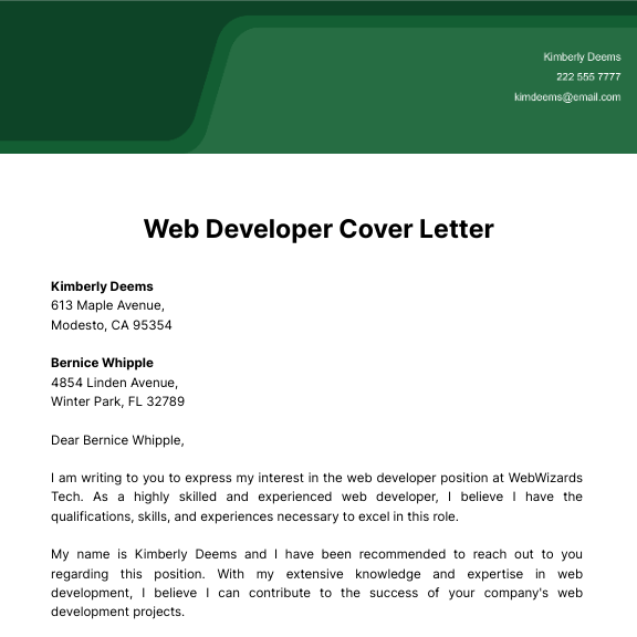 Web Developer Cover Letter  Template