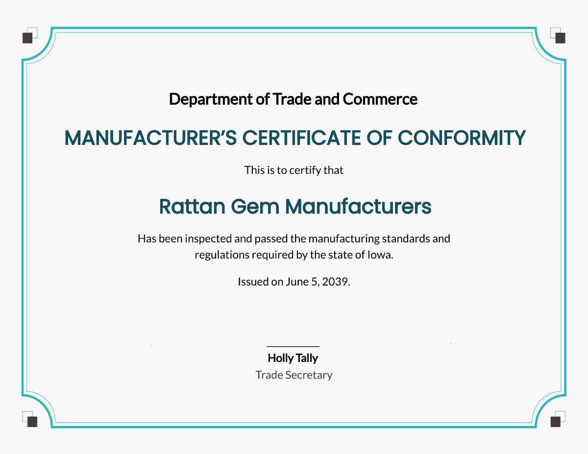 Manufacturer's Certificate of Conformance Template