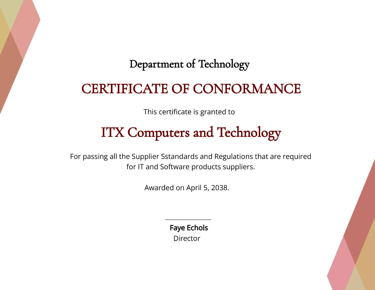 Supplier Certificate of Conformance Template