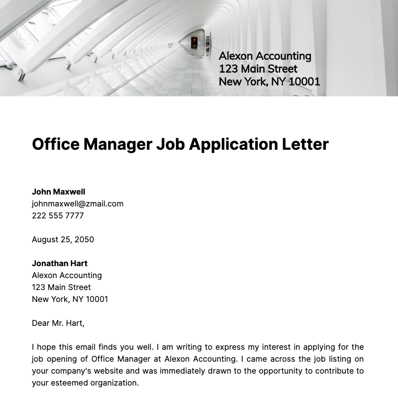 Office Manager Job Application Letter  Template