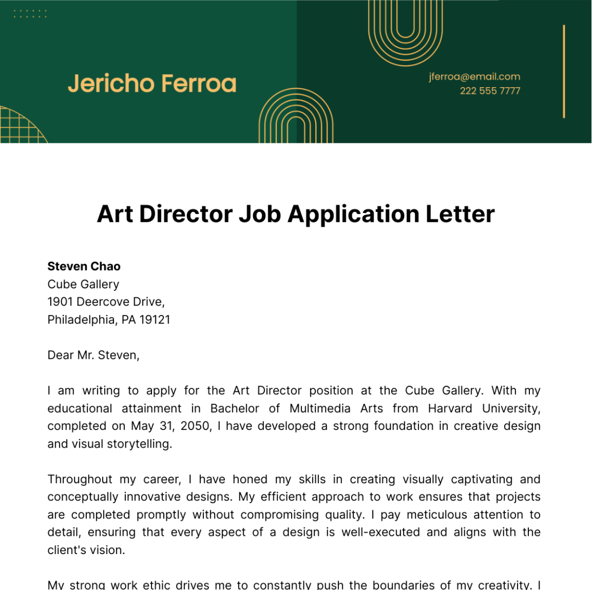 Art Director Job Application Letter  Template