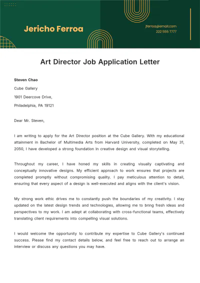 Free Art Director Job Application Letter  Template to Edit Online