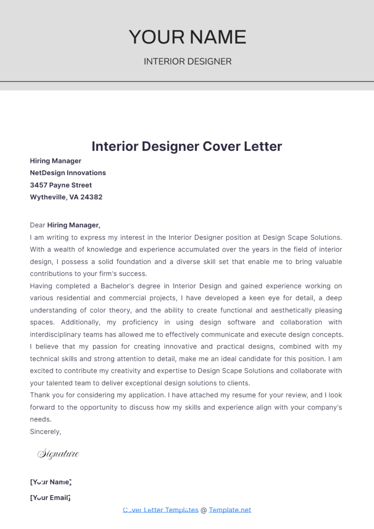 Interior Designer Cover Letter   - Edit Online & Download