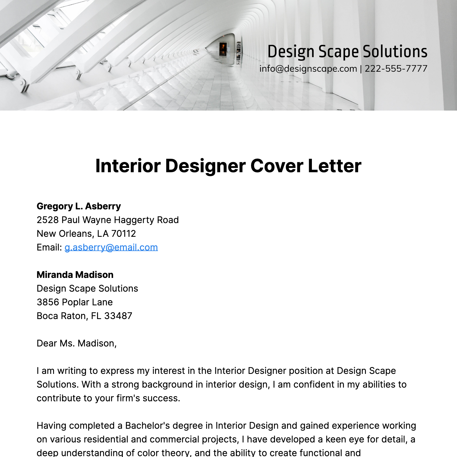 Interior Designer Cover Letter  Template