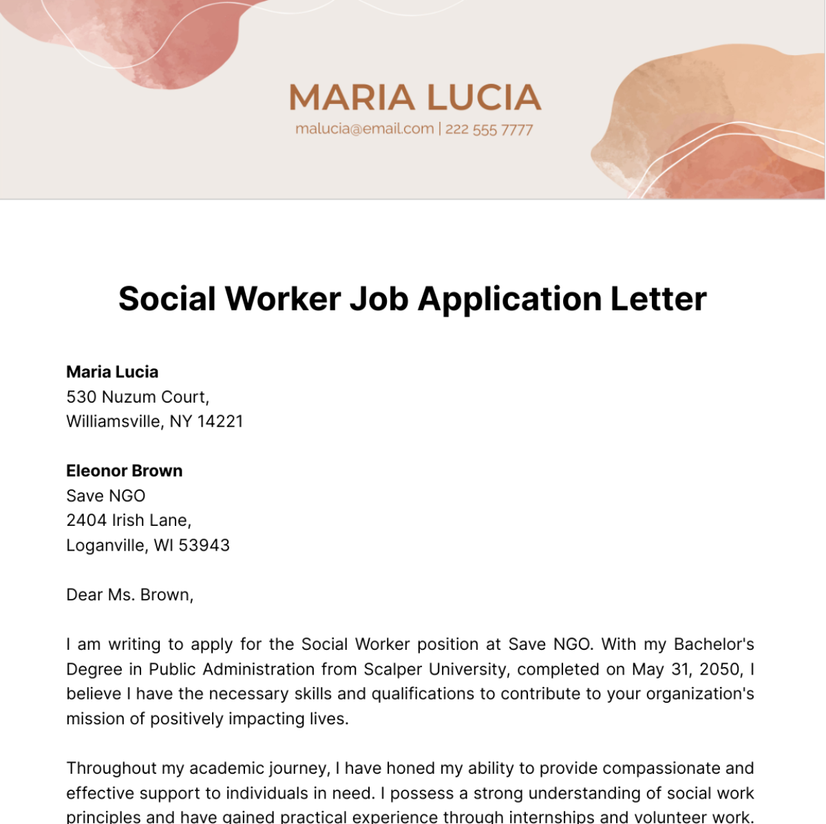 Social Worker Job Application Letter  Template
