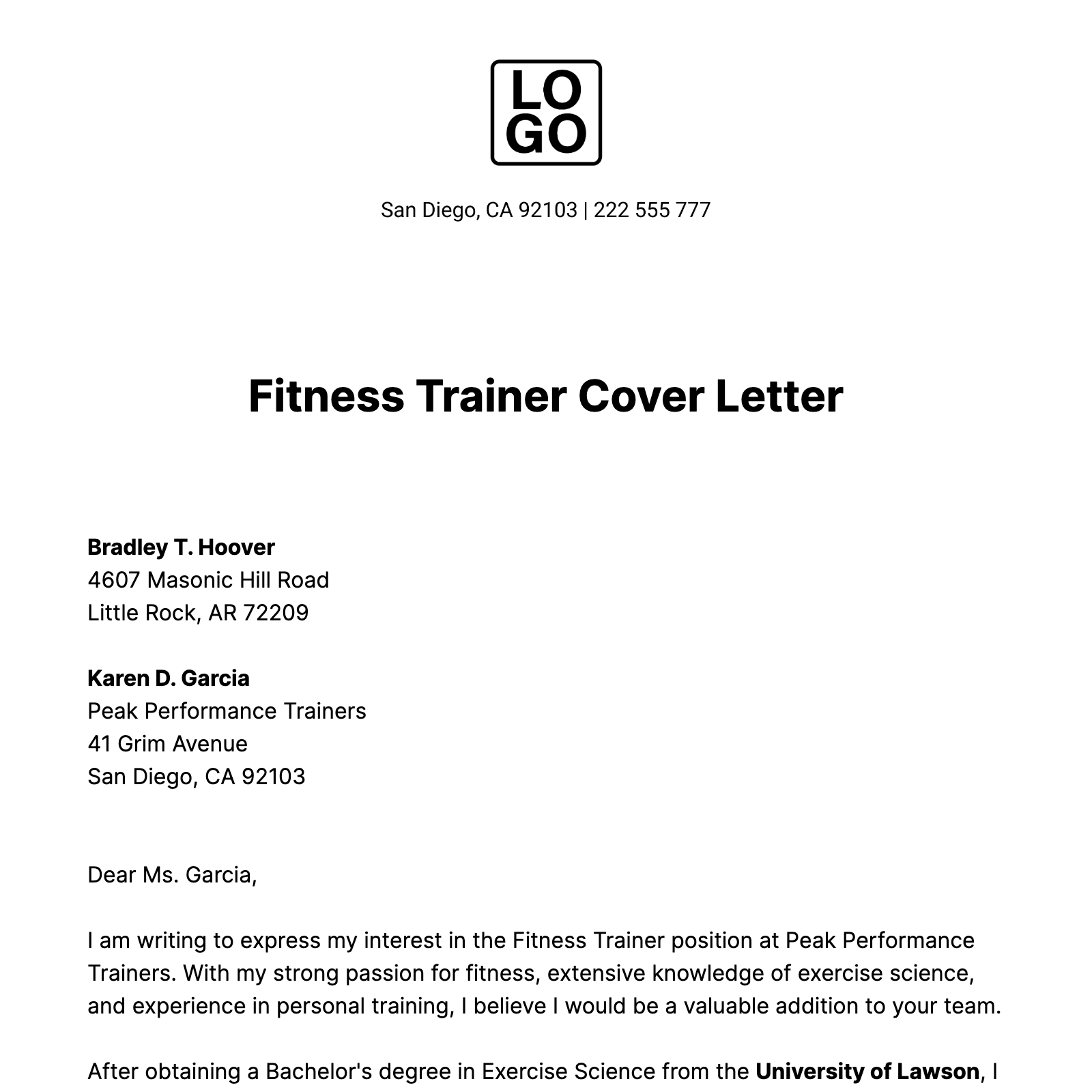 Fitness Trainer Cover Letter  Template