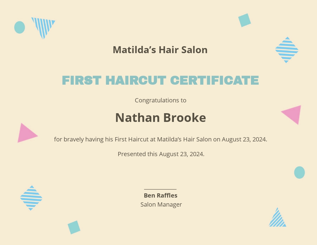 Free Modern First Haircut Certificate Template - Google Docs, Illustrator, InDesign, Word, Apple Pages, PSD, Publisher