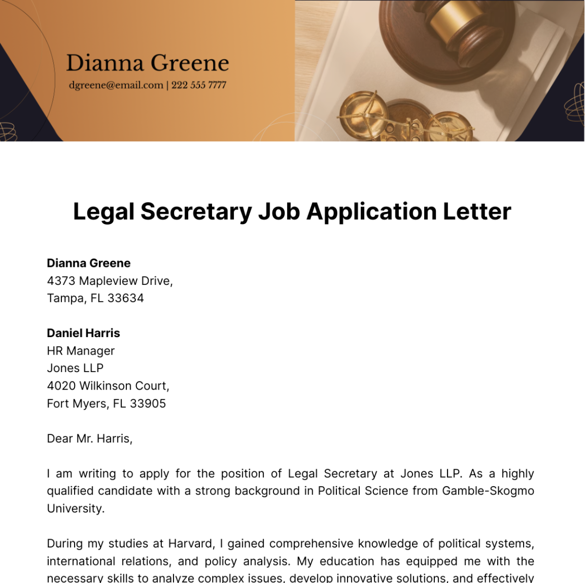 Legal Secretary Job Application Letter  Template