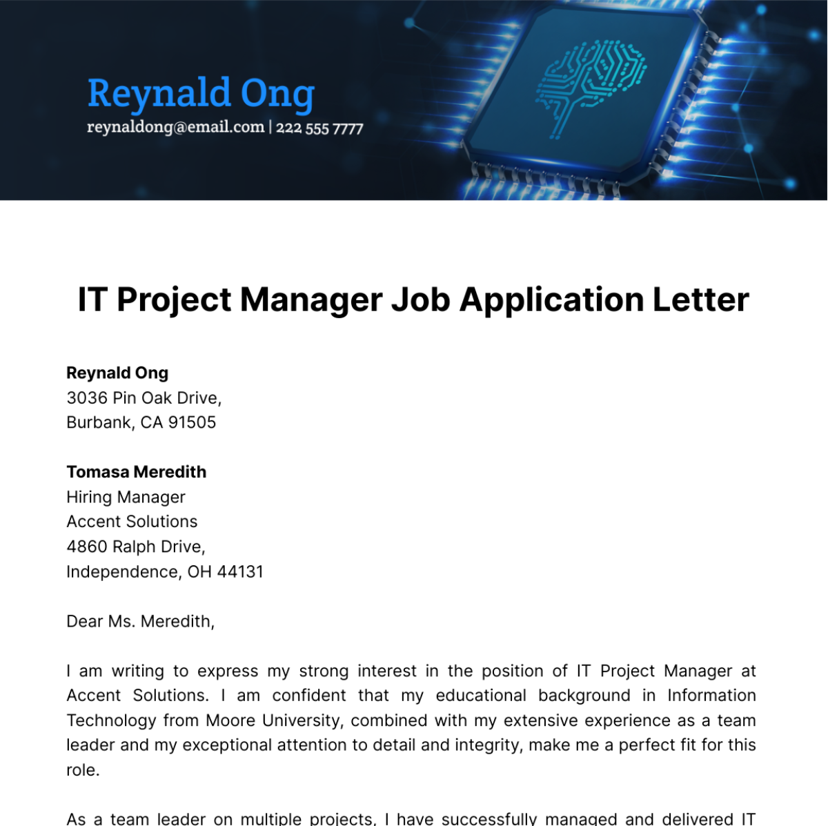 IT Project Manager Job Application Letter  Template