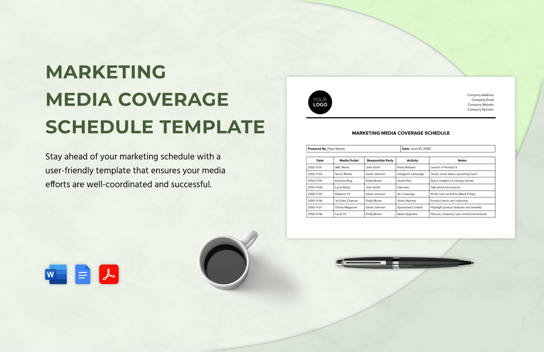 Marketing Media Coverage Schedule Template in Word, Google Docs, PDF