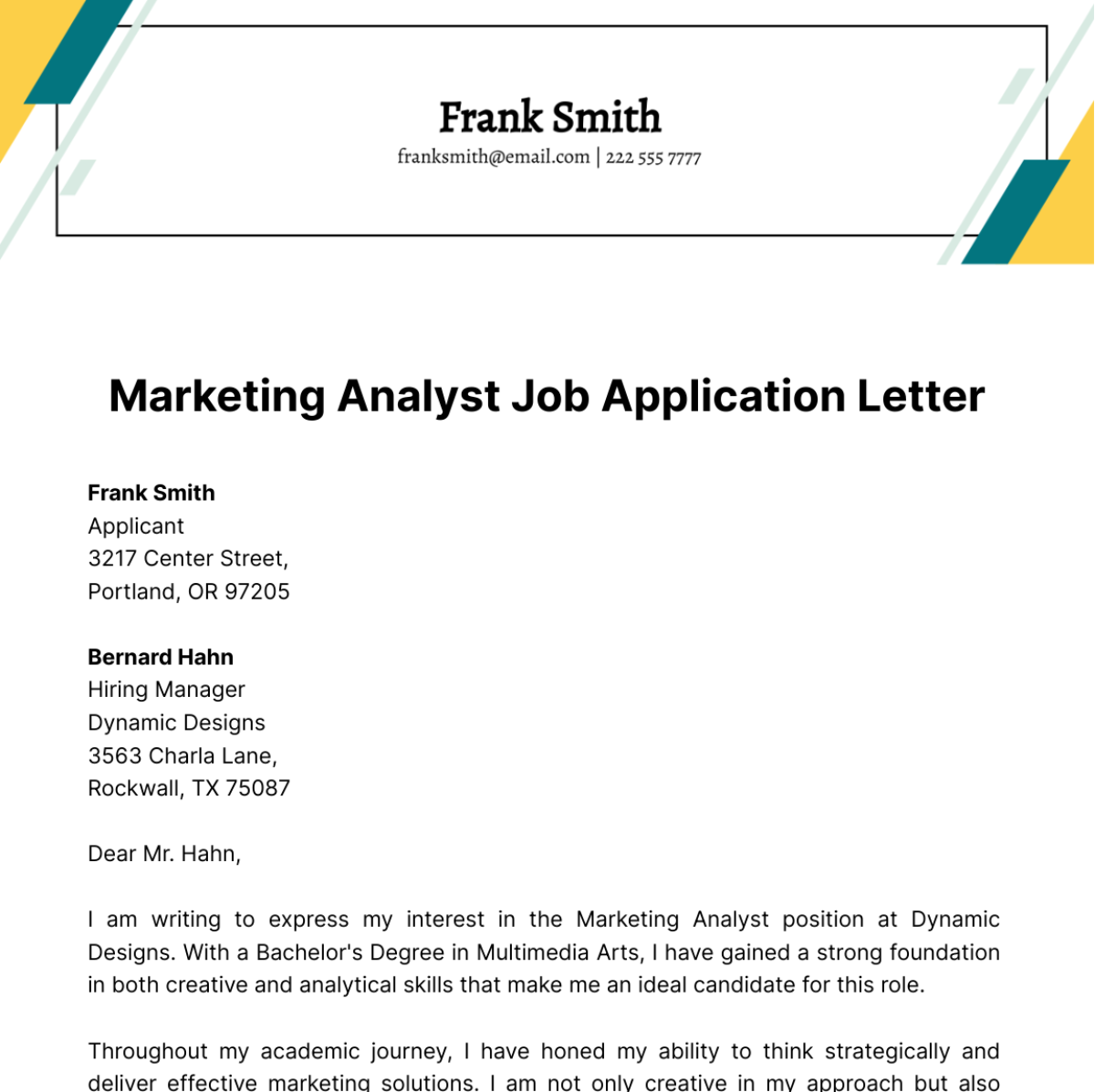Marketing Analyst Job Application Letter  Template