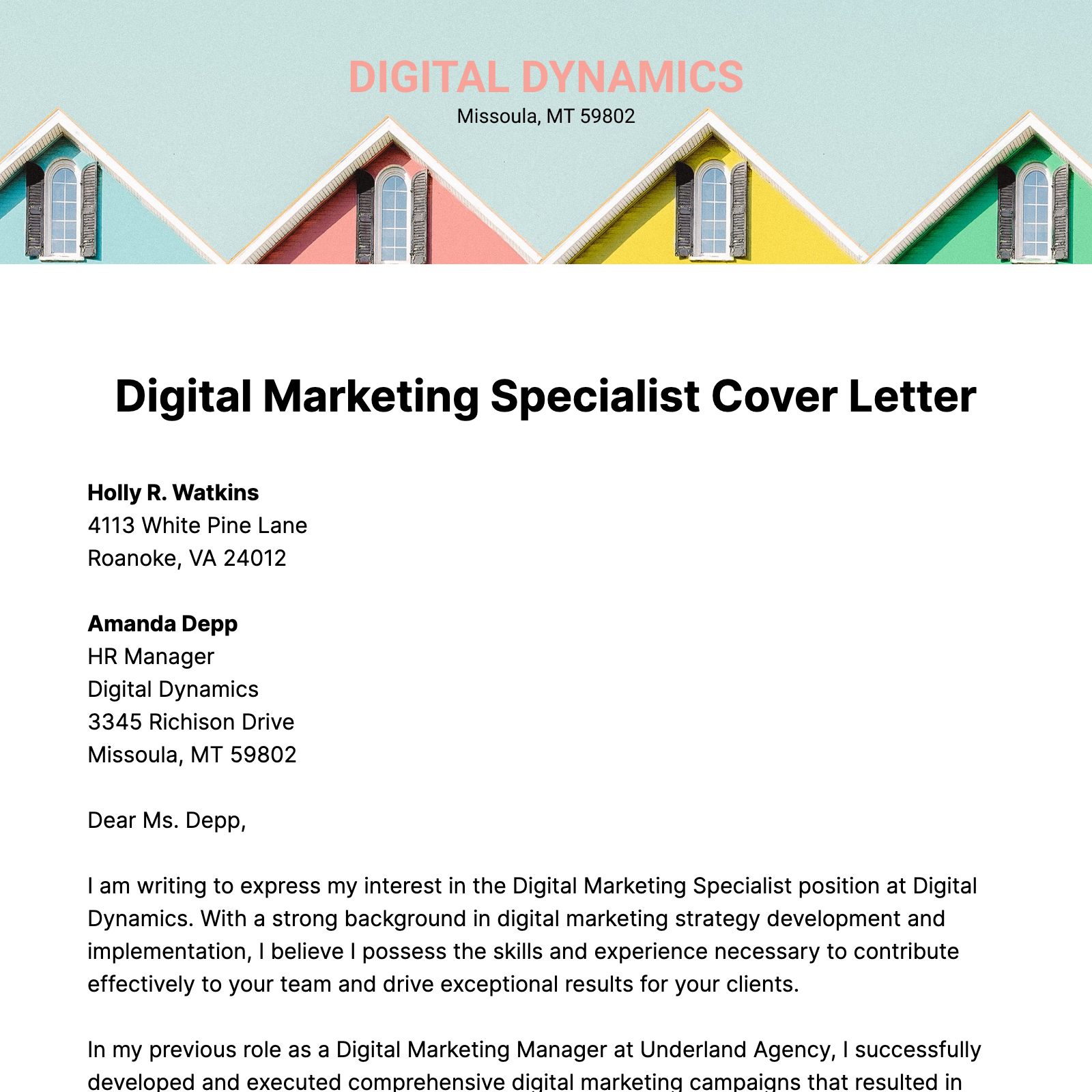 Free Digital Marketing Specialist Cover Letter  Template