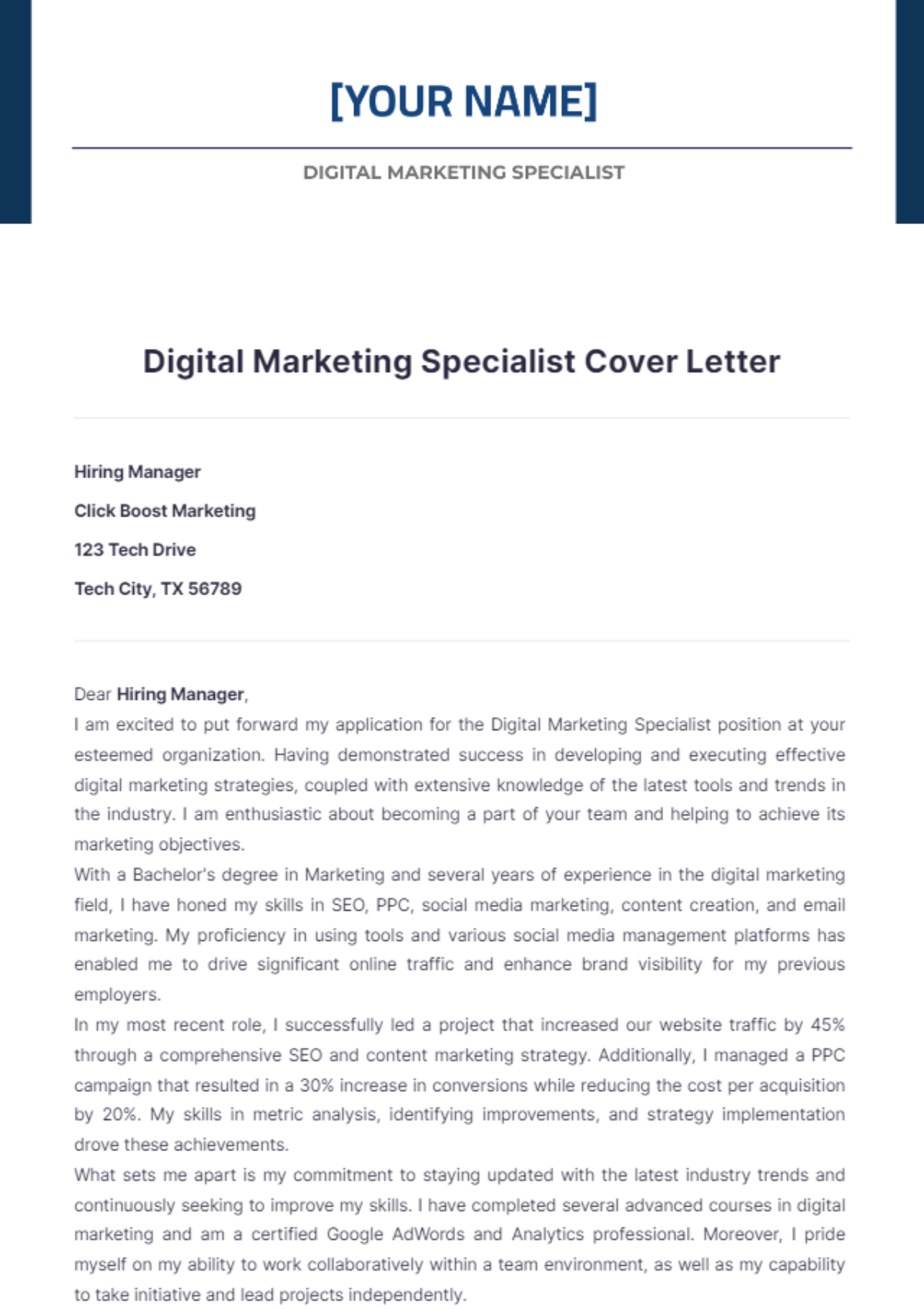 Digital Marketing Specialist Cover Letter - Edit Online & Download