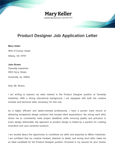 Free Product Designer Job Application Letter  Template to Edit Online