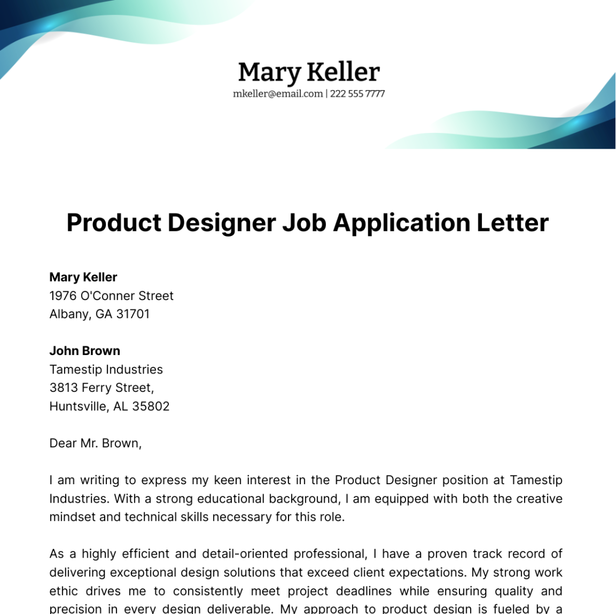 Product Designer Job Application Letter  Template