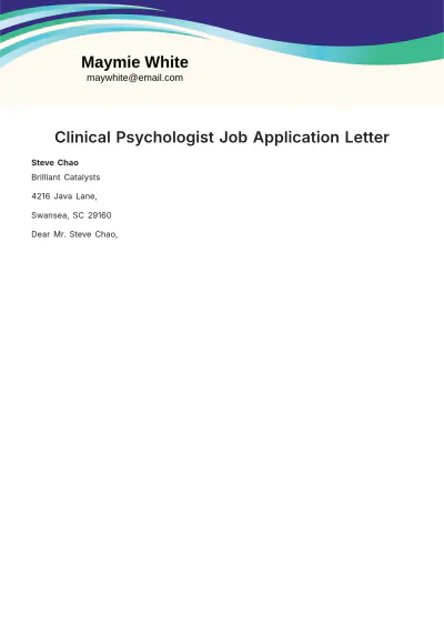 Free Clinical Psychologist Job Application Letter  Template to Edit Online