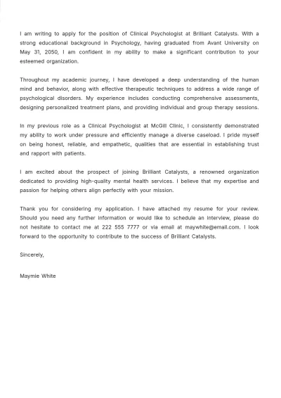 Free Clinical Psychologist Job Application Letter  Template to Edit Online