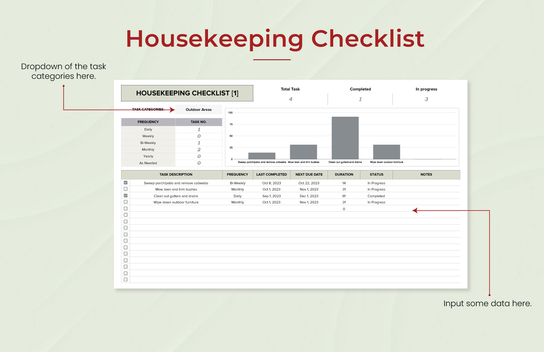 Free Housekeeping Checklist Template - Download in Excel, Google Sheets ...