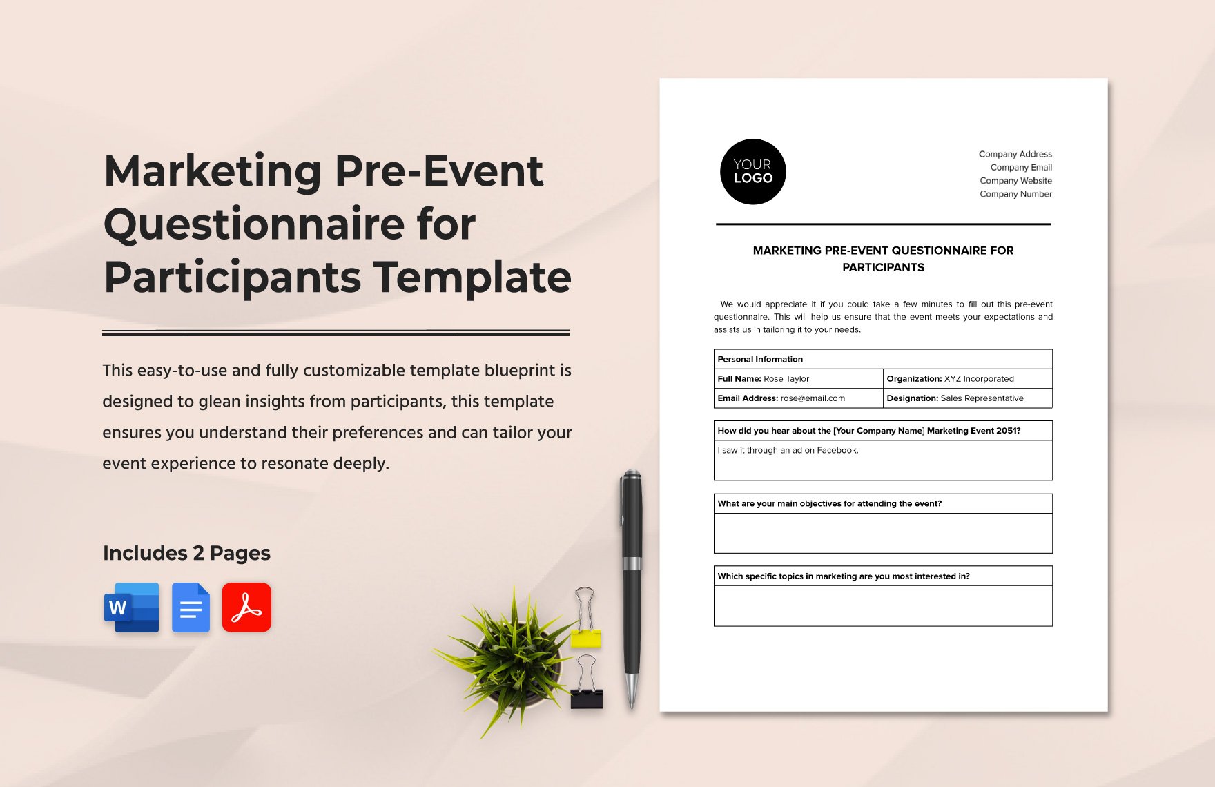 Marketing Pre-Event Questionnaire for Participants Template in Word, Google Docs, PDF