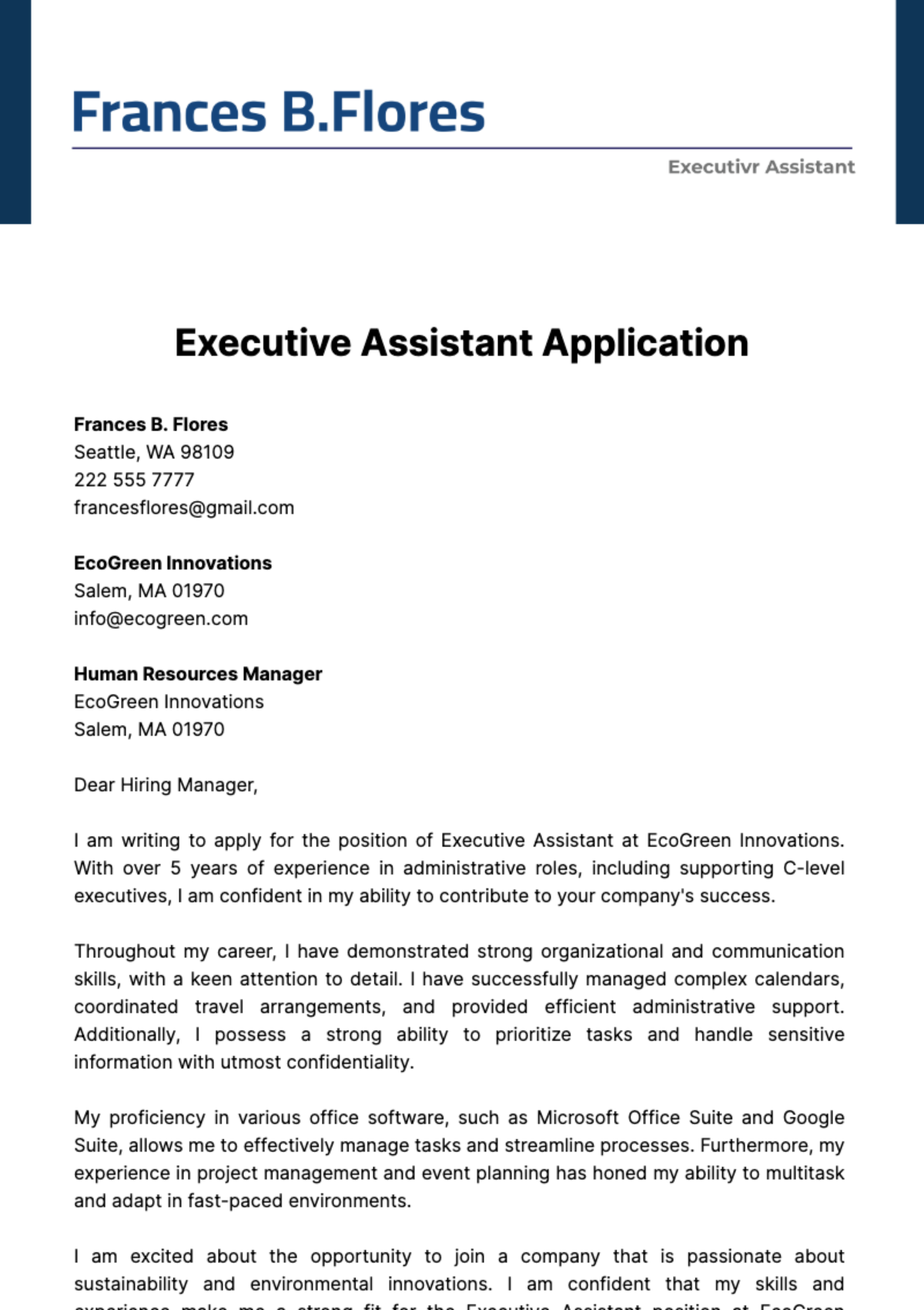Executive Assistant Cover Letter  Template