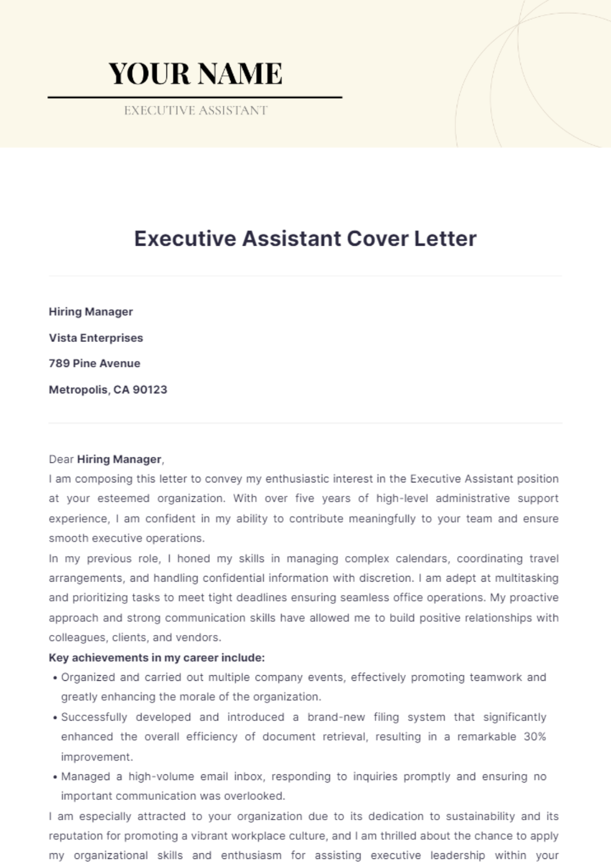 Executive Assistant Cover Letter - Edit Online & Download