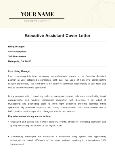 Free Executive Assistant Cover Letter to Edit Online
