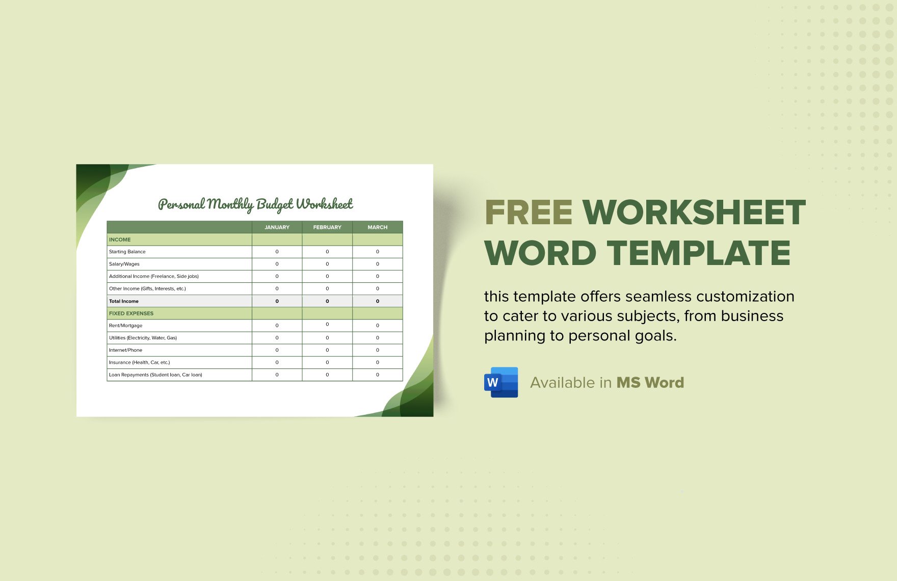 Free Worksheet Word Template in Word