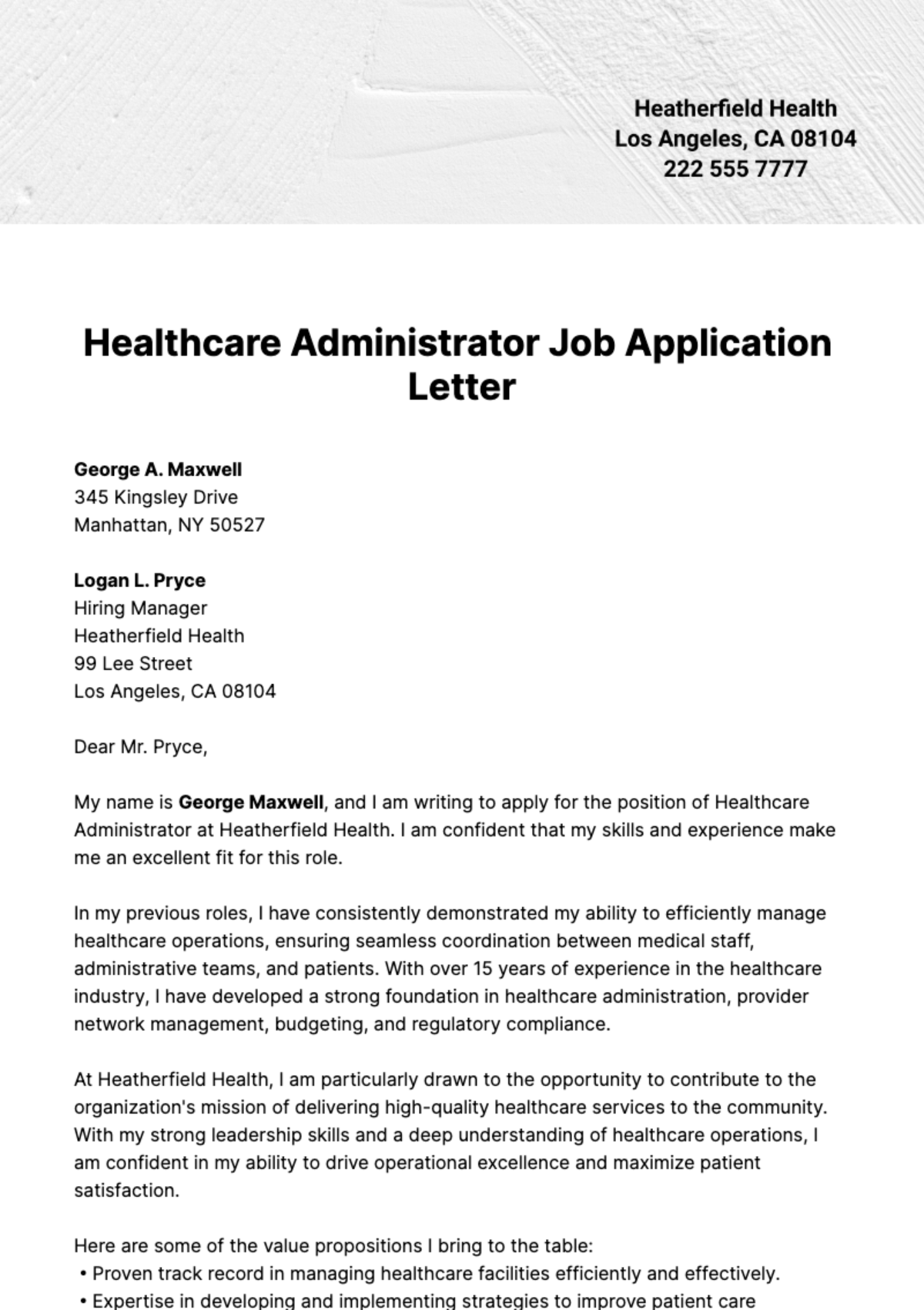 Healthcare Administrator Job Application Letter  Template