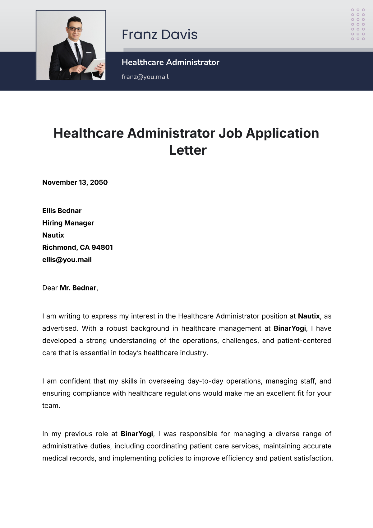 Healthcare Administrator Job Application Letter Template