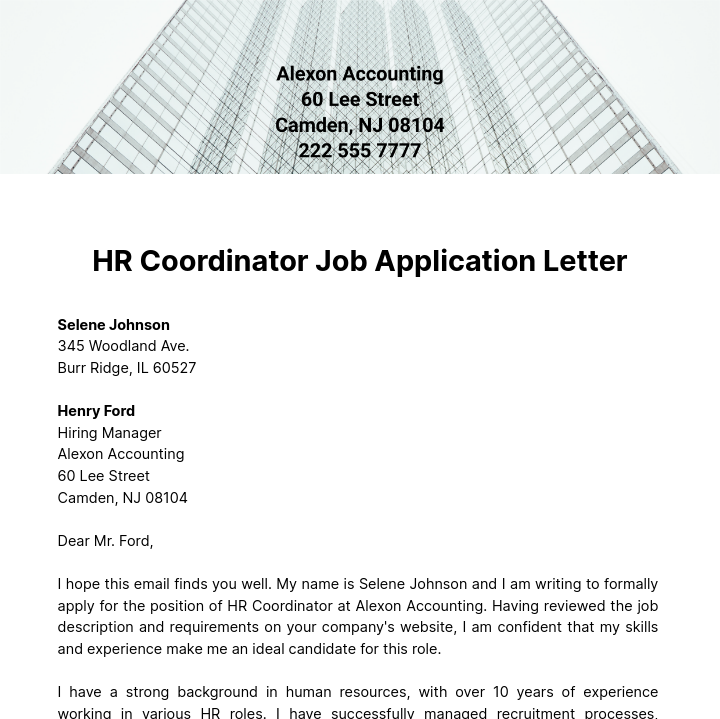 HR Coordinator Job Application Letter  Template