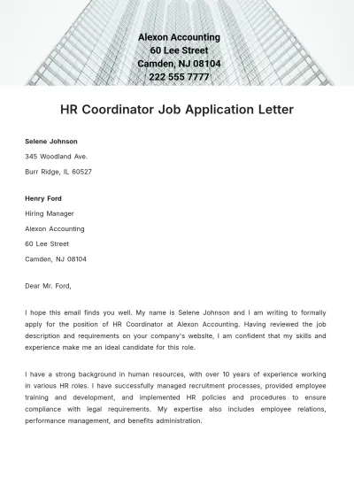 Free HR Coordinator Job Application Letter  Template to Edit Online