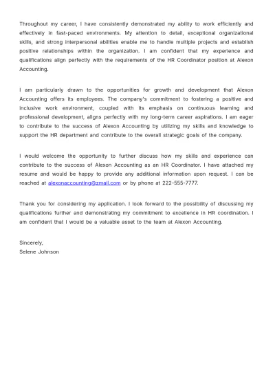 Free HR Coordinator Job Application Letter  Template to Edit Online