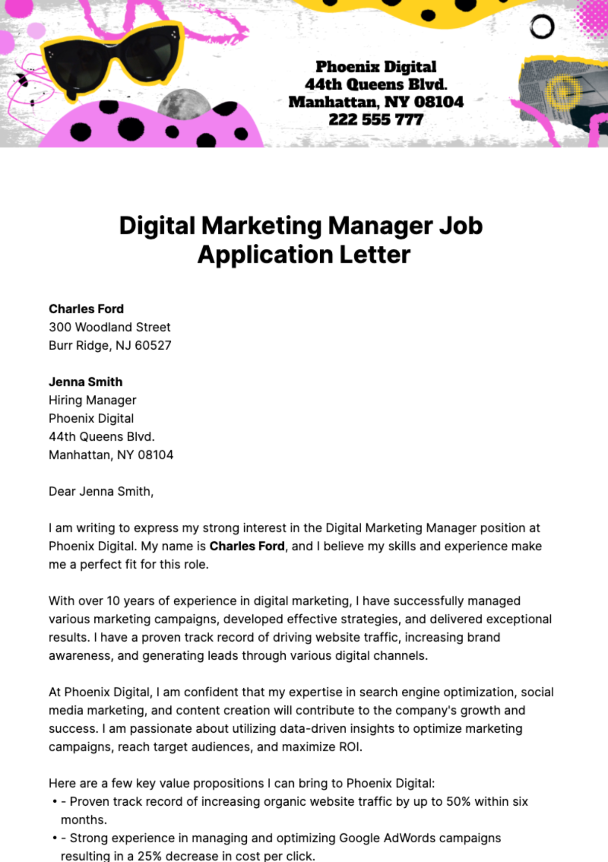 Free Digital Marketing Manager Job Application Letter  Template