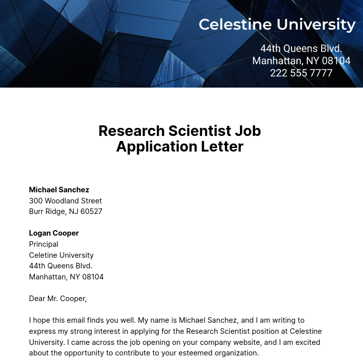 Research Scientist Job Application Letter  Template