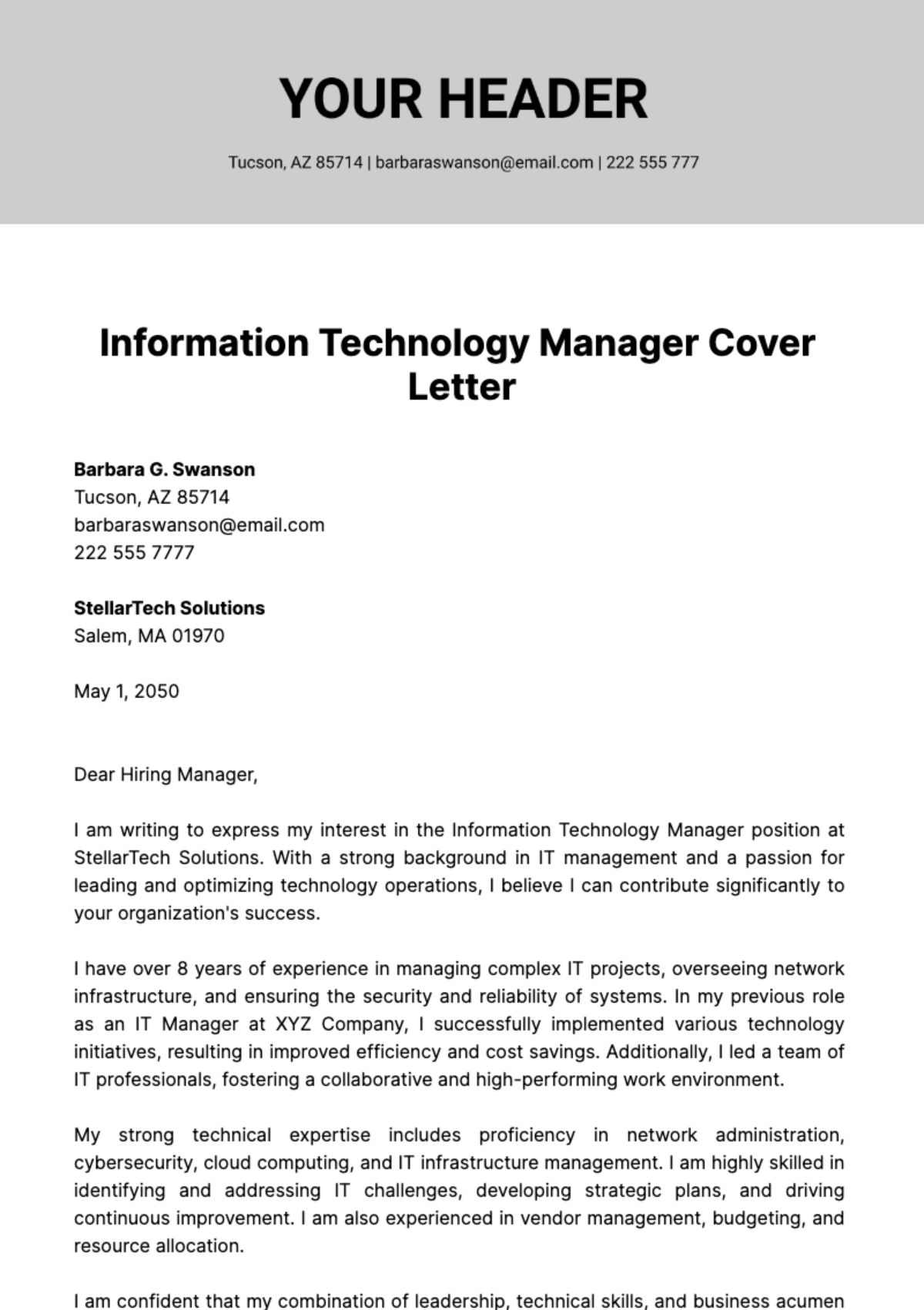 Free Information Technology Manager Cover Letter  Template