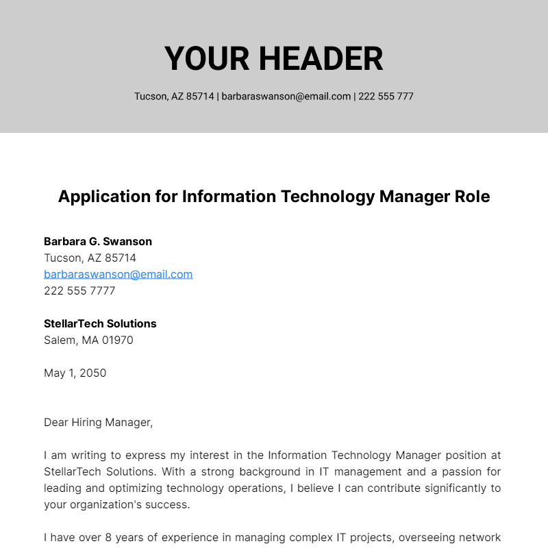 Information Technology Manager Cover Letter  Template